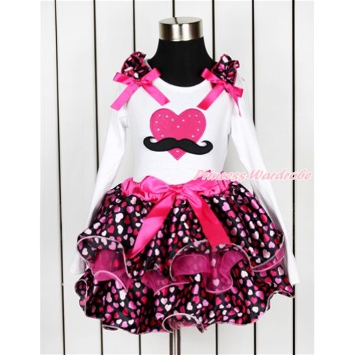 Valentine's Day White Long Sleeve Top with Hot Light Pink Heart Ruffles & Hot Pink Bow & Mustache Hot Pink Heart Print with Matching Hor Pink Bow  Hot Pink Hot Light Pink Heart Petal Pettiskirt MW448 