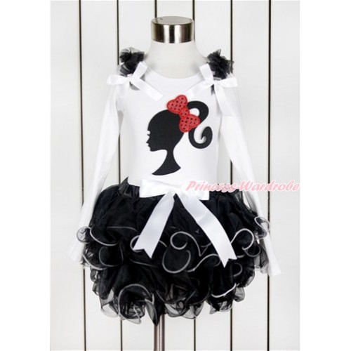 White Long Sleeve Top with Black Ruffles & White Bow & Sparkle Red Bow Barbie Princess Print with Matching White Bow Black Petal Pettiskirt MW460 