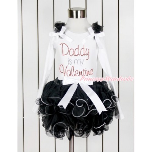 Valentine's Day White Long Sleeve Top with Black Ruffles & White Bow & Sparkle Crystal Bling Rhinestone Daddy is my Valentine Print with Matching White Bow Black Petal Pettiskirt MW453 
