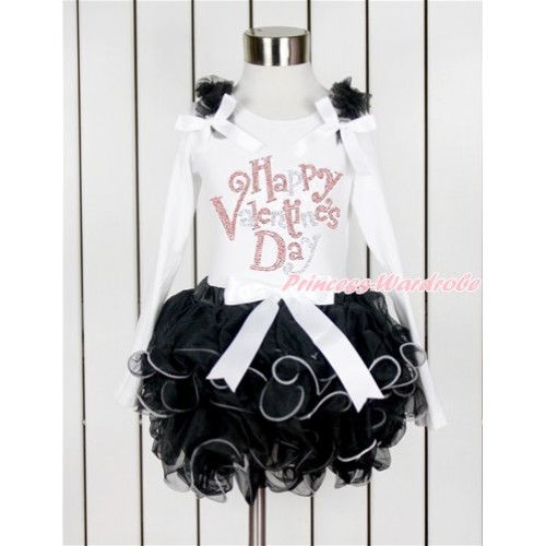 Valentine's Day White Long Sleeve Top with Black Ruffles & White Bow & Sparkle Crystal Bling Rhinestone Happy Valentine's Day Print with Matching White Bow Black Petal Pettiskirt MW454 