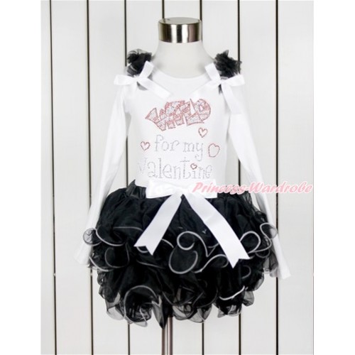 Valentine's Day White Long Sleeve Top with Black Ruffles & White Bow & Sparkle Crystal Bling Rhinestone Wild for my Valentine Print with Matching White Bow Black Petal Pettiskirt MW455 