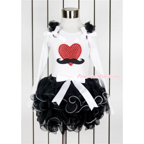 Valentine's Day White Long Sleeve Top with Black Ruffles & White Bow & Mustache Sparkle Red Heart Print with Matching White Bow Black Petal Pettiskirt MW456 