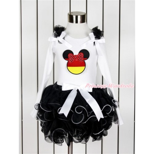World Cup White Long Sleeve Top with Black Ruffles & White Bow & Sparkle Red Germany Minnie Print with Matching White Bow Black Petal Pettiskirt MW463 