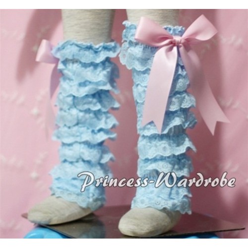 Baby Light Blue Lace Leg Warmers Leggings with Light Pink Ribbon LG87 