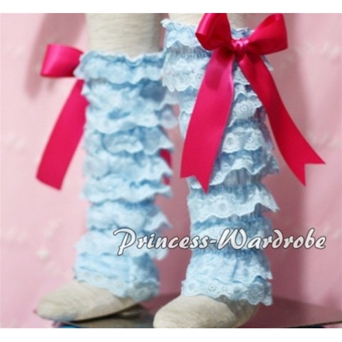 Baby Light Blue Lace Leg Warmers Leggings with Hot Pink Ribbon LG91 