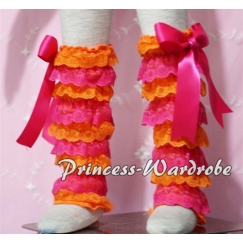 Baby Hot Pink Orange Lace Leg Warmers Leggings with Hot Pink Ribbon LG98 