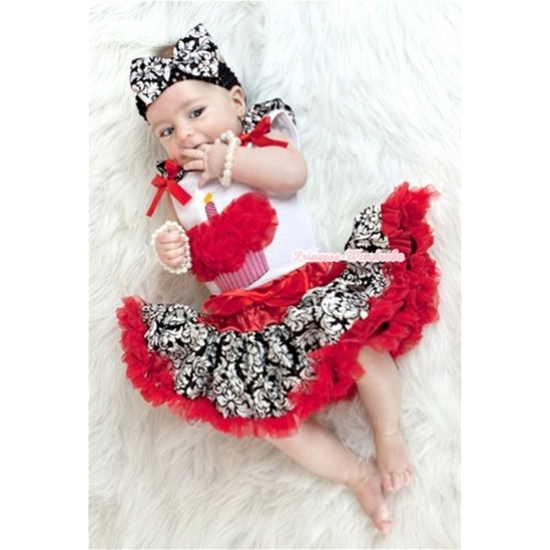 White Baby Pettitop with Red Rosettes Birthday Cake Print with Damask Ruffles & Red Bow with Red Damask Newborn Pettiskirt NN43 