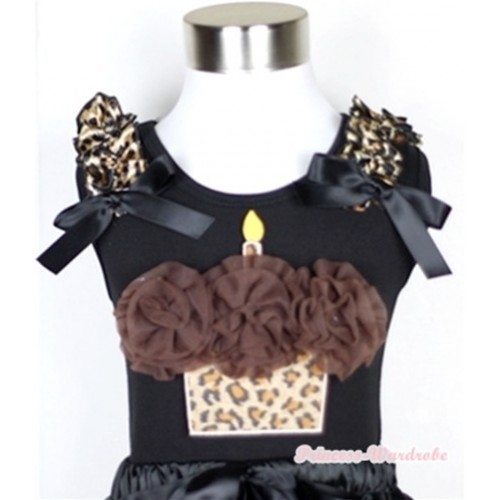 Black Tank Top With Brown Rosettes Leopard Birthday Cake Print with Leopard Ruffles & Black Bow TB273 