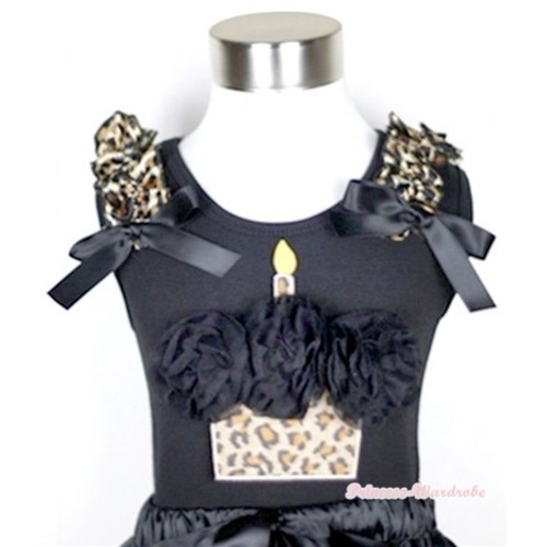 Black Tank Top With Black Rosettes Leopard Birthday Cake Print with Leopard Ruffles & Black Bow TB274 