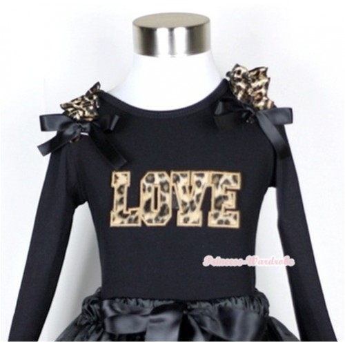 Black Long Sleeves Top with Leopard Love Print With Leopard Ruffles & Black Bow TB39 