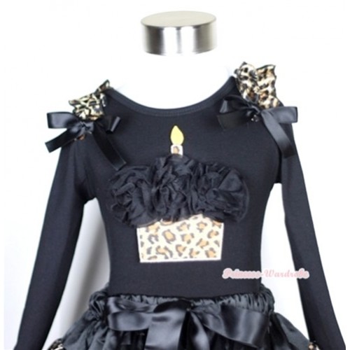 Black Long Sleeves Top with Black Rosettes Leopard Birthday Cake Print With Leopard Ruffles & Black Bow TB99 