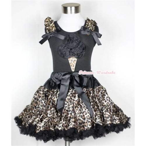 Black Tank Top with Black Rosettes Leopard Ice Cream Print with Leopard Ruffles & Black Bow With Black Leopard Pettiskirt MW183 