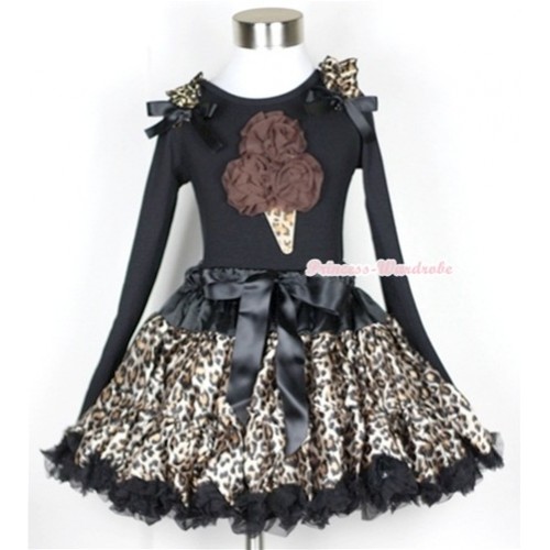 Black Leopard Pettiskirt with Brown Rosettes Leopard Ice Cream Print Black Long Sleeve Top with Leopard Ruffles & Black Bow MW188 