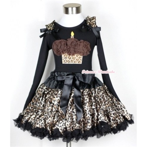 Black Leopard Pettiskirt with Brown Rosettes Leopard Birthday Cake Print Black Long Sleeve Top with Leopard Ruffles & Black Bow MW190 