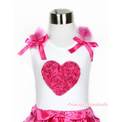 Valentine's Day White Tank Top With Hot Pink Ruffles & Hot Pink Bow With Hot Pink Rosettes Heart Print TB661 