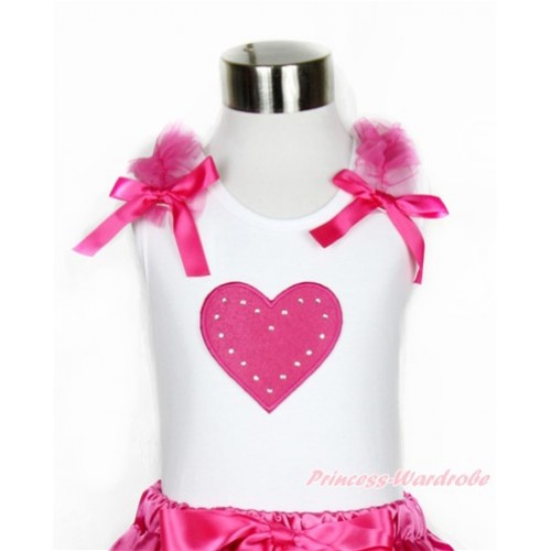 Valentine's Day White Tank Top With Hot Pink Ruffles & Hot Pink Bow With Hot Pink Heart Print TB662 