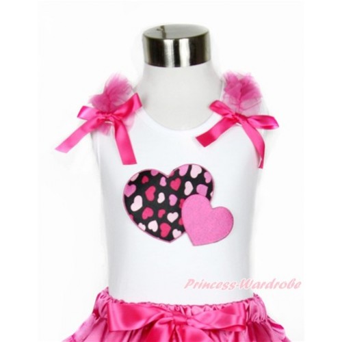 Valentine's Day White Tank Top With Hot Pink Ruffles & Hot Pink Bow With Hot Pink Sweet Twin Heart Print TB663 