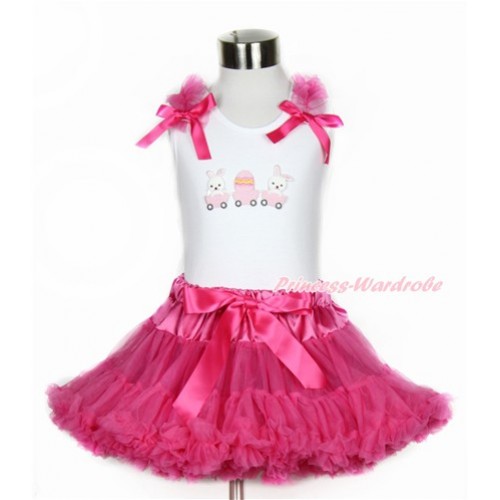 Easter White Tank Top with Hot Pink Ruffles & Hot Pink Bow with Bunny Rabbit Egg Print & Hot Pink Pettiskirt MG1055 