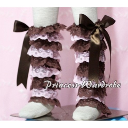 Baby Brown Light Pink Lace Leg Warmers Leggings with Brown Ribbon LG105 