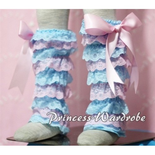 Baby Light Blue Pink Lace Leg Warmers Leggings with Light Pink Ribbon LG110 