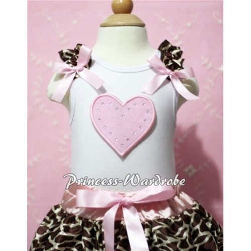 Light Pink Sweet Heart White Tank Top with Brown Giraffe Ruffles and Light Pink Bows TM163 