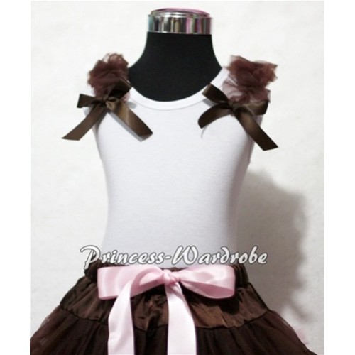 Light Pink Sweet Heart White Tank Top with Brown Ruffles and Brown Bows T323 