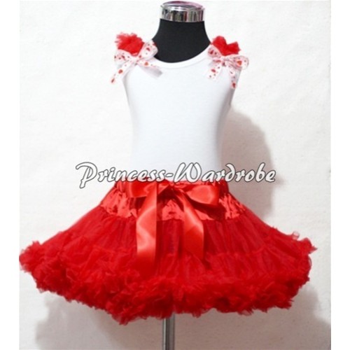 White Tank Top & Red Ruffles & Red Sweet Heart Ribbon With Red Pettiskirt MG01 