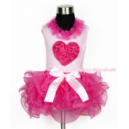 Valentine's Day Light Pink Tank Top With Hot Pink Chiffon Lacing With Hot Pink Rosettes Heart Print With Light Hot Pink Dots Bow Hot Pink Petal Pettiskirt M564 