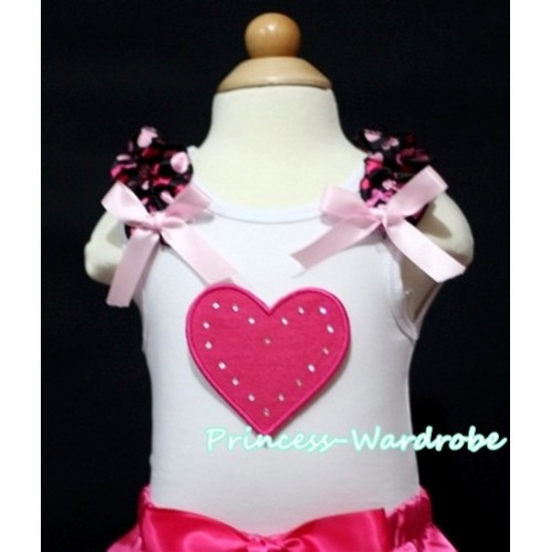 Hot Pink Sweet Heart White Tank Top with Hot Pink Heart Ruffles and Light Pink Bow TM168 