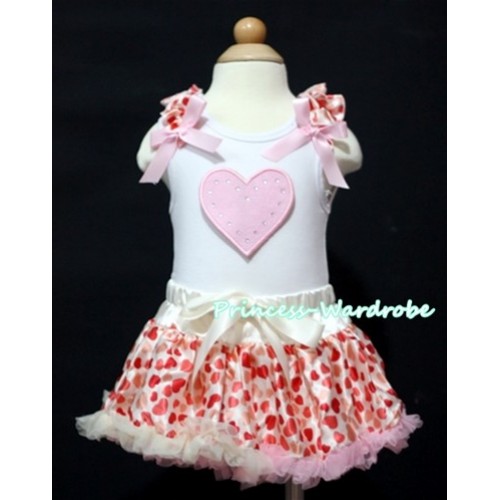 White Baby Pettitop & Light Pink Heart & Cream White Heart Ruffles & Light Pink Bows with Cream White Heart Baby Pettiskirt NG327 