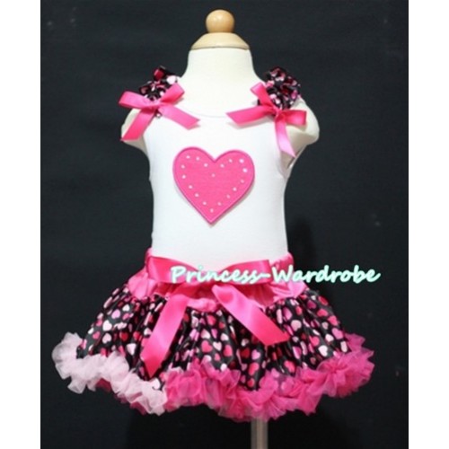 White Baby Pettitop & Hot Pink Heart & Hot Pink Heart Ruffles & Hot Pink Bows with Hot Pink Heart Baby Pettiskirt NG328 