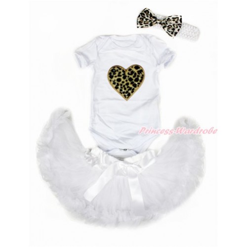 Valentine's Day White Baby Jumpsuit with Leopard Heart Print with White Newborn Pettiskirt With White Headband Leopard Satin Bow JN14 