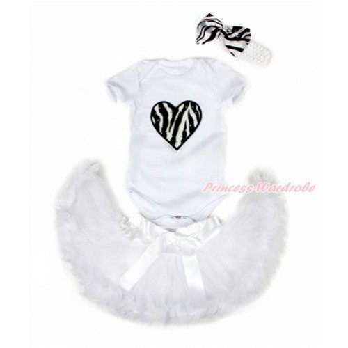 Valentine's Day White Baby Jumpsuit with Zebra Heart Print with White Newborn Pettiskirt With White Headband Zebra Satin Bow JN08 