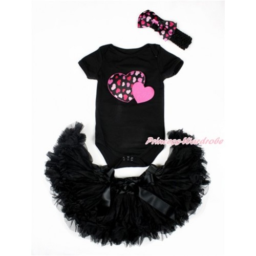 Valentine's Day Black Baby Jumpsuit with Hot Pink Sweet Twin Heart Print with Black Newborn Pettiskirt With Black Headband Hot Light Pink Heart Satin Bow JN16 