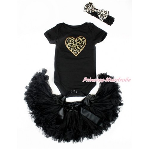 Valentine's Day Black Baby Jumpsuit with Leopard Heart Print with Black Newborn Pettiskirt With Black Headband Leopard Satin Bow JN18 