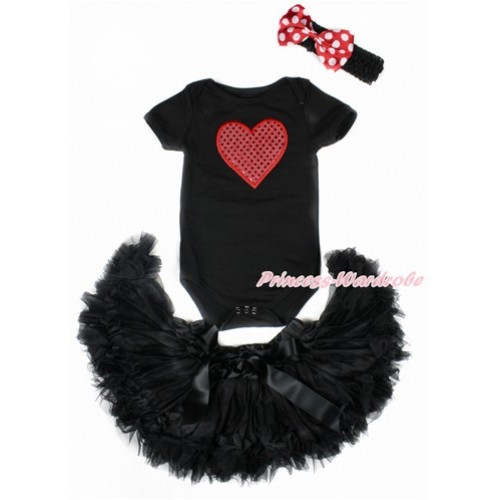 Valentine's Day Black Baby Jumpsuit with Sparkle Red Heart Print with Black Newborn Pettiskirt With Black Headband Minnie Dots Satin Bow JN22 