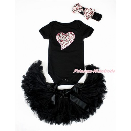 Valentine's Day Black Baby Jumpsuit with Light Pink Leopard Heart Print with Black Newborn Pettiskirt With Black Headband Light Pink Leopard Satin Bow JN24 