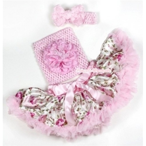 Light Pink Rose Fusion Baby Pettiskirt,Light Pink Peony and Light Pink Crochet Tube Top,Light Pink Headband Light Pink Romantic Rose Bow 3PC Set CT511 