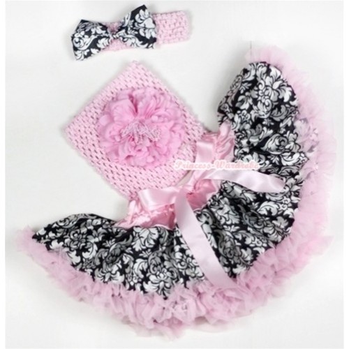 Light Pink Damask Baby Pettiskirt,Light Pink Peony and Light Pink Crochet Tube Top,Light Pink Headband Damask Satin Bow 3PC Set CT512 