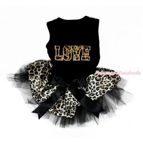 Valentine's Day Black Sleeveless Leopard Black Gauze Skirt With Leopard LOVE Print With Black Bow Pet Dress DC083 