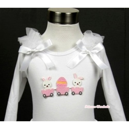 White Long Sleeves Top with Bunny Rabbit Egg Print With White Ruffles & White Bow T298 
