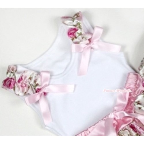 White Tank Top with Light Pink Rose Fusion Ruffles and Light Pink Bow T488 