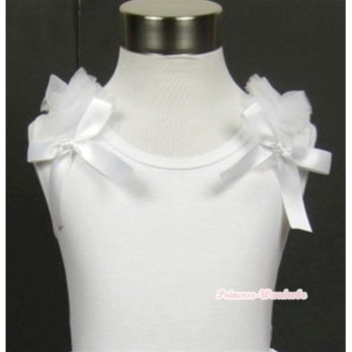 White Tank Top with White Ruffles and White Bow T489 