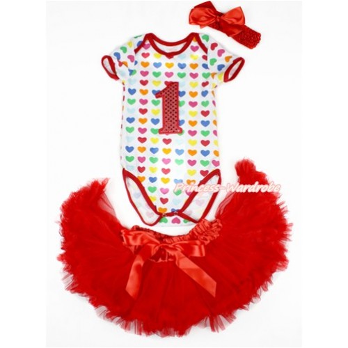 Rainbow Heart Baby Jumpsuit with 1st Sparkle Red Birthday Number Print with Red Newborn Pettiskirt With Red Headband Red Silk Bow JN26 