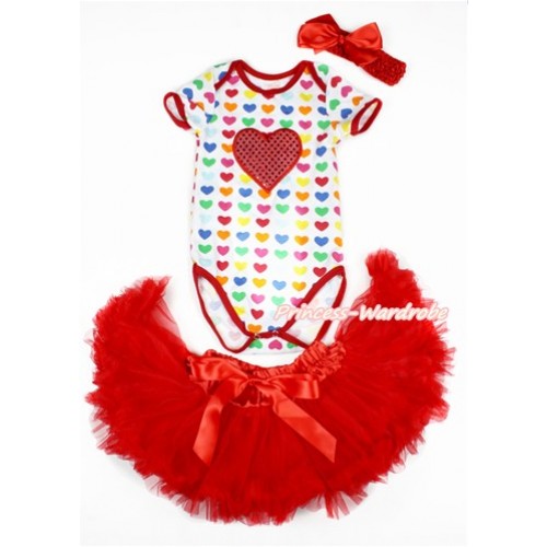 Valentine's Day Rainbow Heart Baby Jumpsuit with Sparkle Red Heart Print with Red Newborn Pettiskirt With Red Headband Red Silk Bow JN27 
