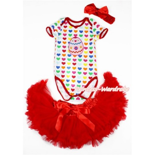 Easter Rainbow Heart Baby Jumpsuit with Easter Egg Print with Red Newborn Pettiskirt With Red Headband Red Silk Bow JN30 
