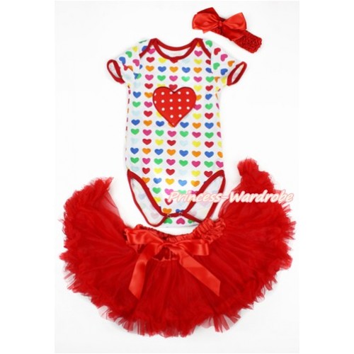 Valentine's Day Rainbow Heart Baby Jumpsuit with Red White Dots Heart Print with Red Newborn Pettiskirt With Red Headband Red Silk Bow JN31 