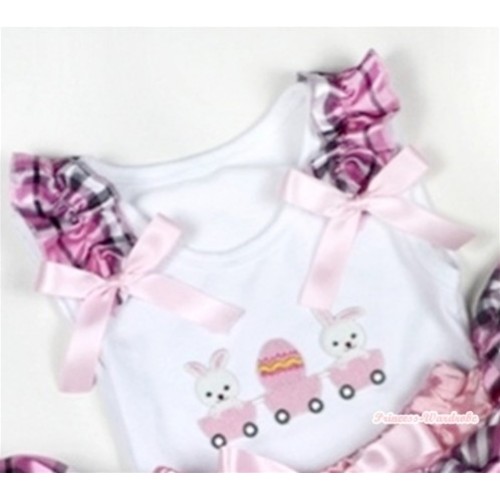 White Tank Top With Bunny Rabbit Egg Print with Light Pink Checked Ruffles & Light Pink Bow TB282 