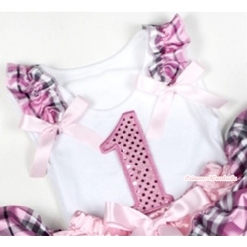 White Tank Top With 1st Sparkle Light Pink Birthday Number Print with Light Pink Checked Ruffles & Light Pink Bow TB283 
