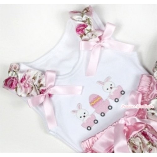 White Tank Top With Bunny Rabbit Egg Print with Light Pink Rose Fusion Ruffles & Light Pink Bow TB284 